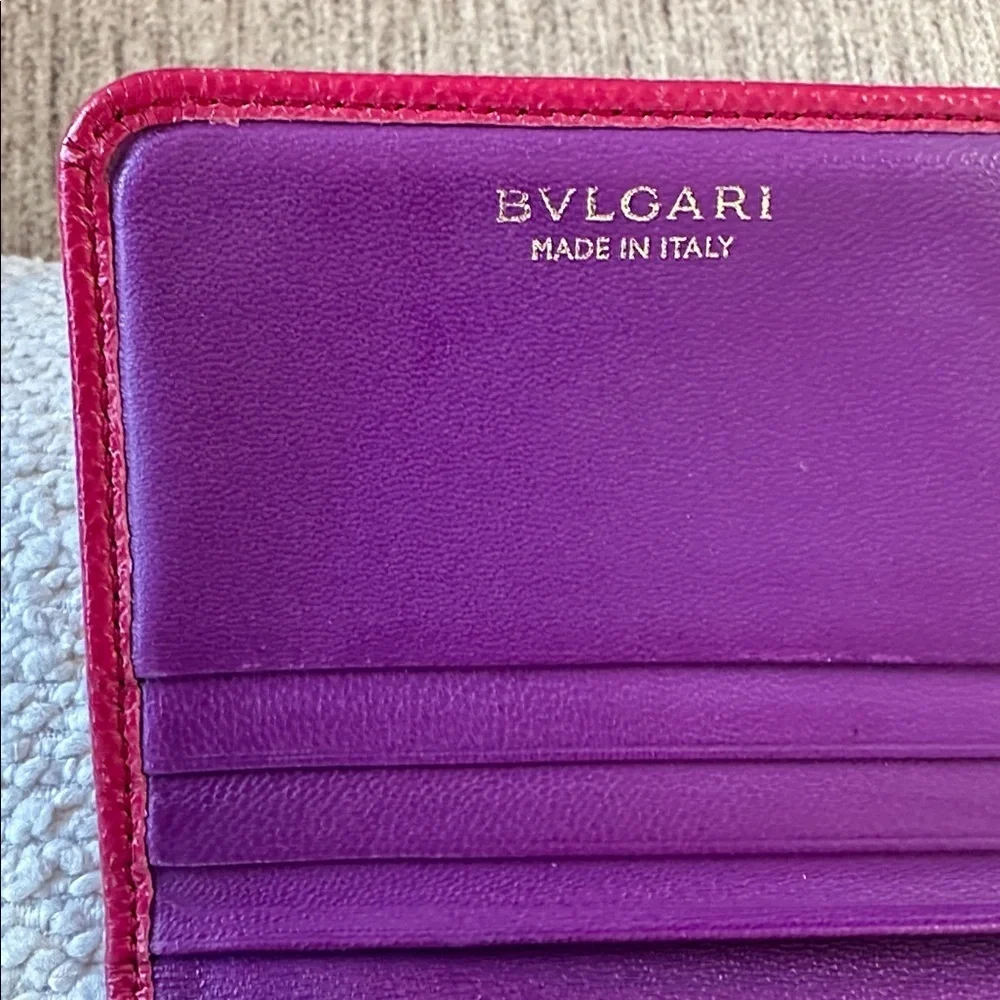 BVLGARI Clip Leather Long Bifold pink with purple interior Wallet.